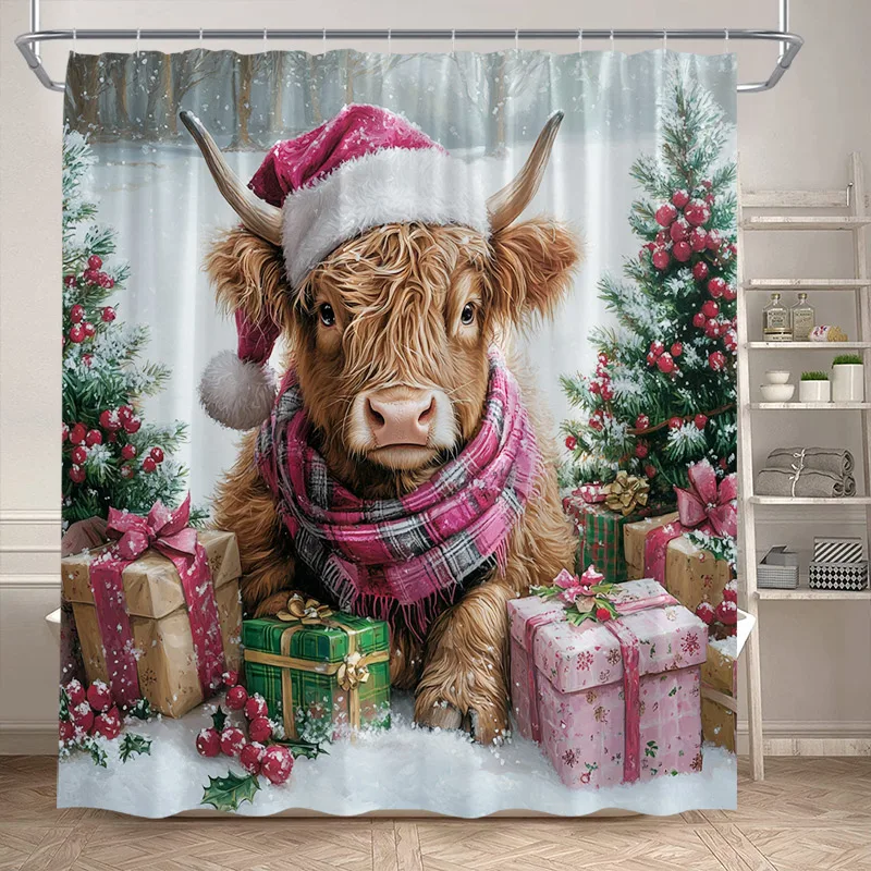 Farm Highland Cow Shower Curtain Winter Forest Farmhouse Animals Snowflake Scenery Christmas Bathroom Curtains Decor with Hooks