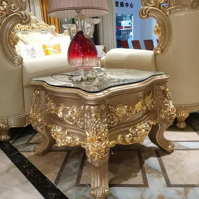 European Luxury Classical Carved Round Solid Wood Coffee Table Living Room Side Table Wooden Furniture