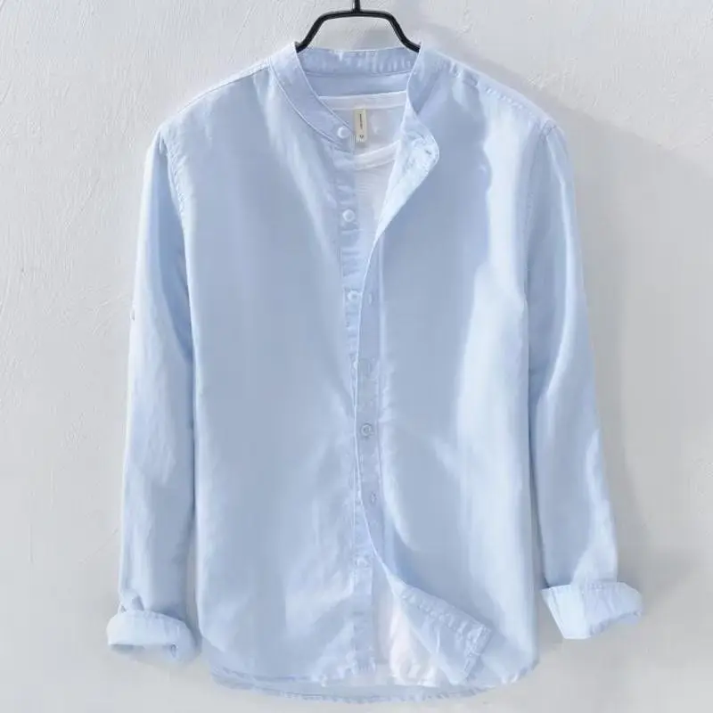 Fresh Stand-up Collar Cotton and Linen Shirt Men's Clothing Casual Simple Long-sleeved Loose Thin Breathable Youth Linen Shirt