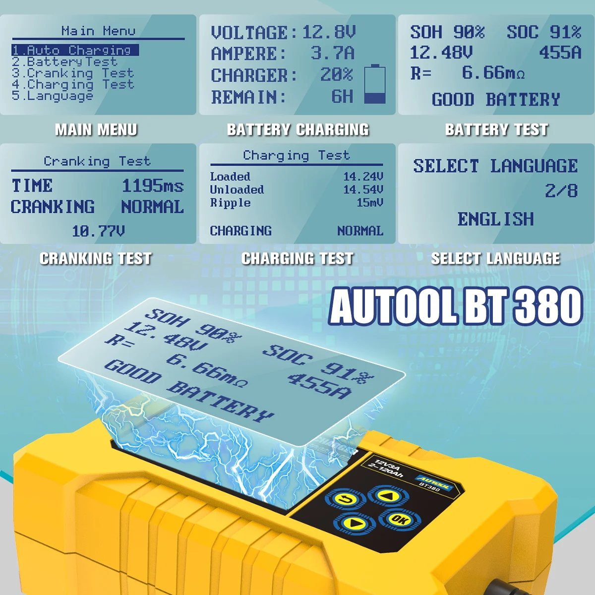 AUTOOL BT380 12V  battery analyzer Car Battery Charged Tool Automotive Battery Tester