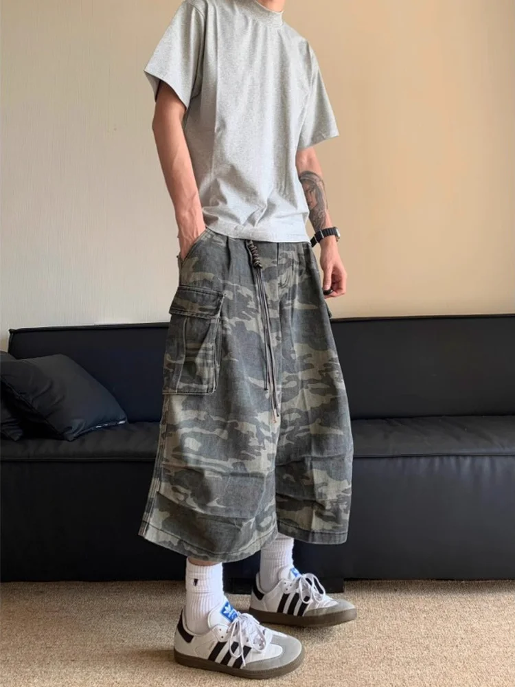 

Retro Camouflage Denim orts Men's Casual Straight Leg Seven-ket Workwear orts Youthful Energy Cotton Blend