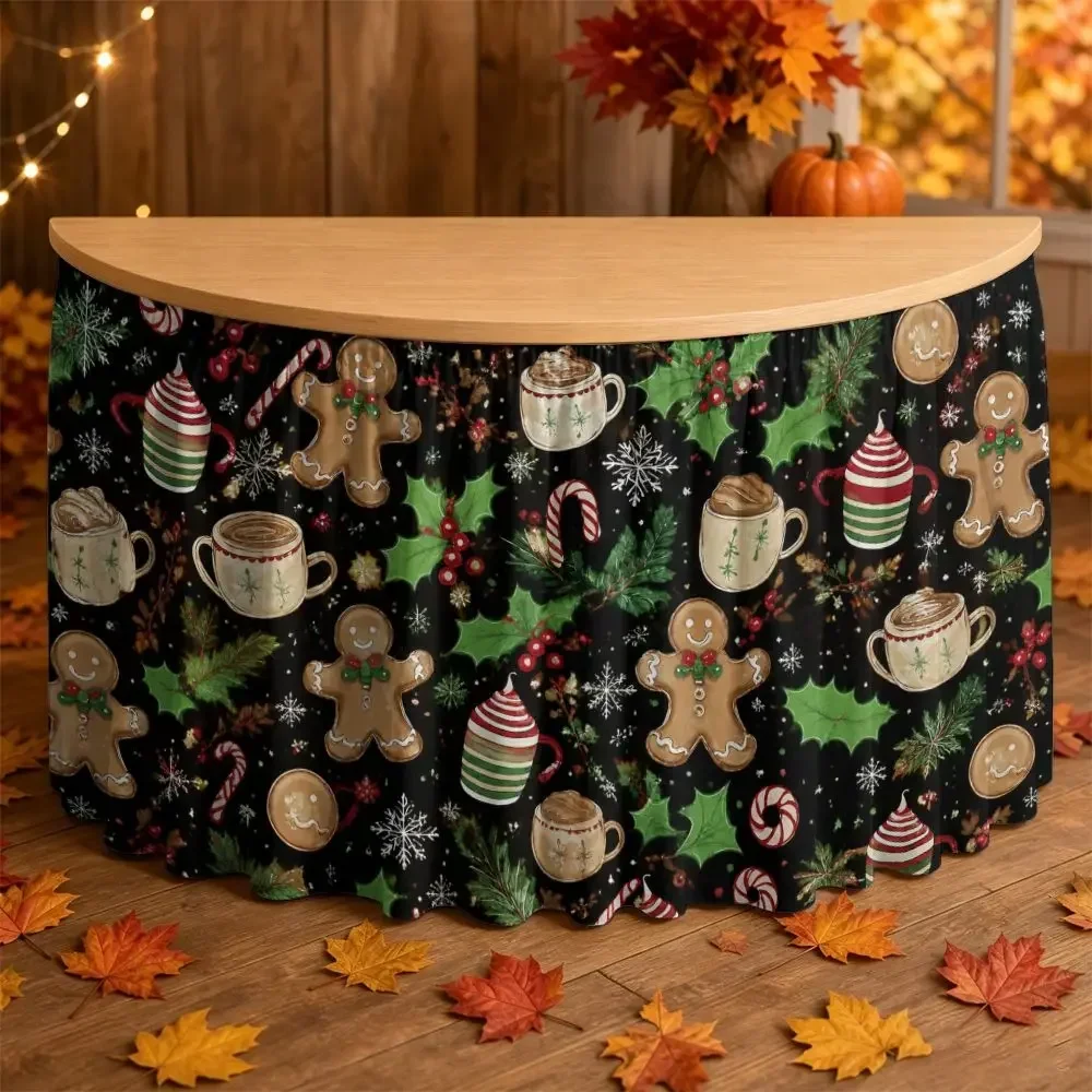 One Christmas tablecloth with 2D flat gingerbread man, hot chocolate cane and sugar pattern.