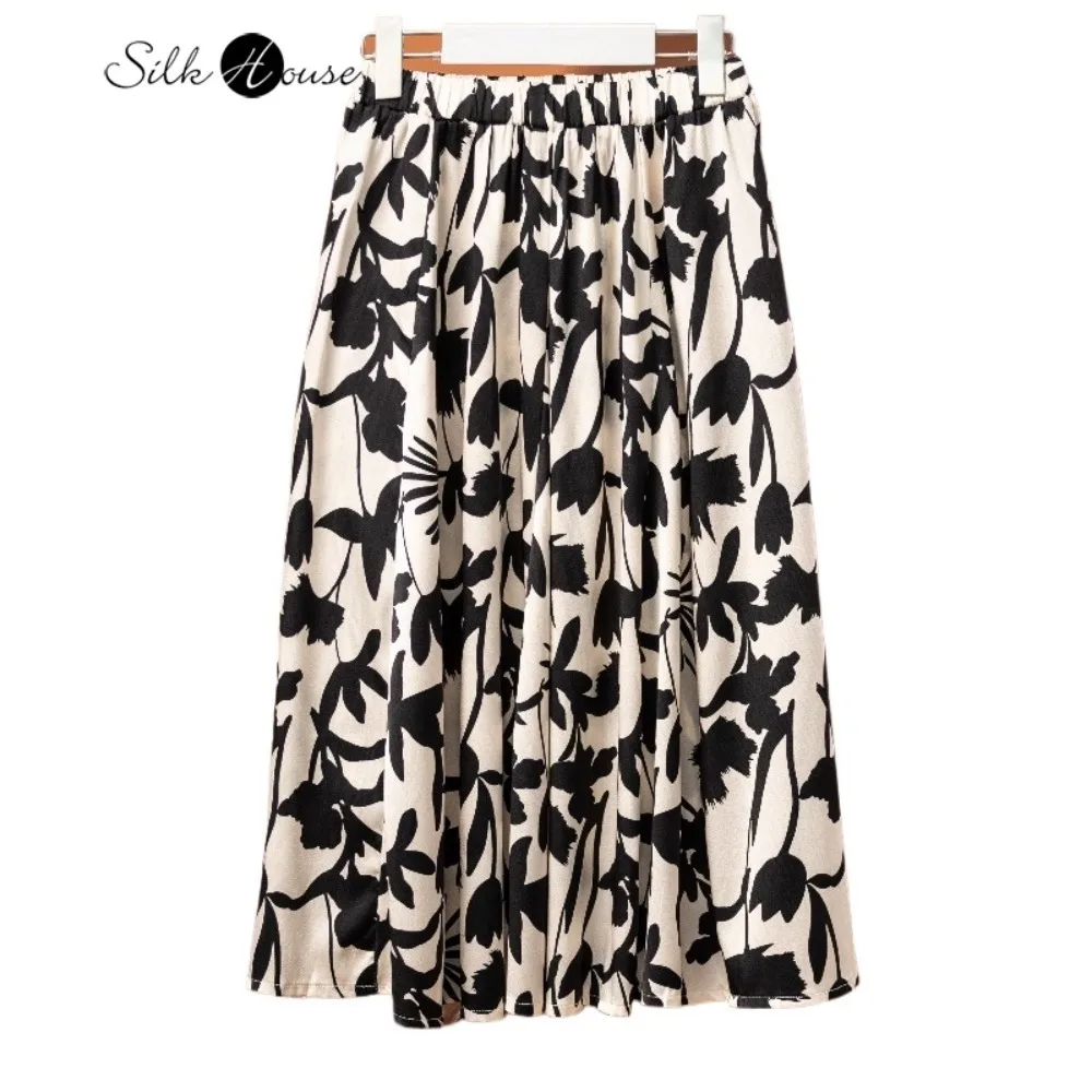 

Women's Summer New Natural Mulberry Silk Elastic Satin Black/White Classic Color Matching Elastic Waist Versatile Printed Dress