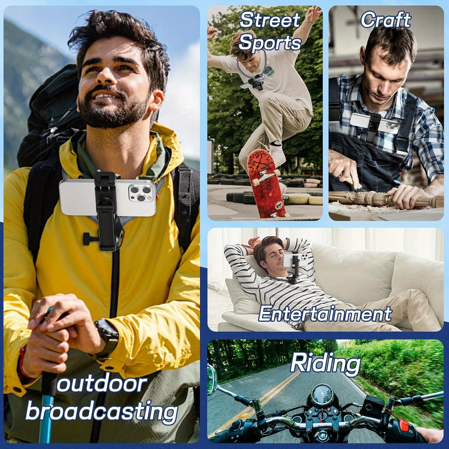 حامل هاتف برقبة مرن خفيف للغاية، 360 درجة °   تعديل الدوران - بدون استخدام اليدين للتنقل واللياقة البدنية والبث المباشر وعروض المراقبة. قابل للتعديل أفقي وعموديًا. حامل هاتف مثبت على الرقبة، حامل هاتف على الصدر مع حزام، متوافق مع Android وApple، مناسب للبث المباشر وإنشاء الفيديو القصير.