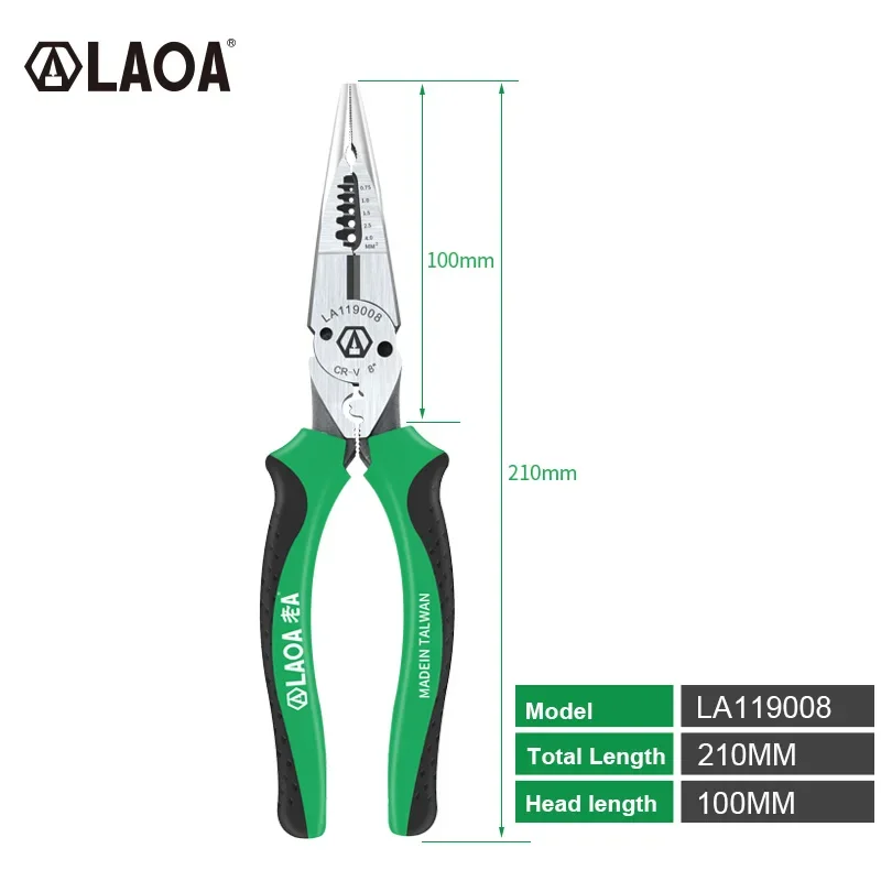 LAOA Multi Pliers Wire Stripper 0.7-4.0mm Range 8 Inch Cr-V Crimping Tool 6 in 1 Long Nose Needle-nose Pliers Wire Cutter