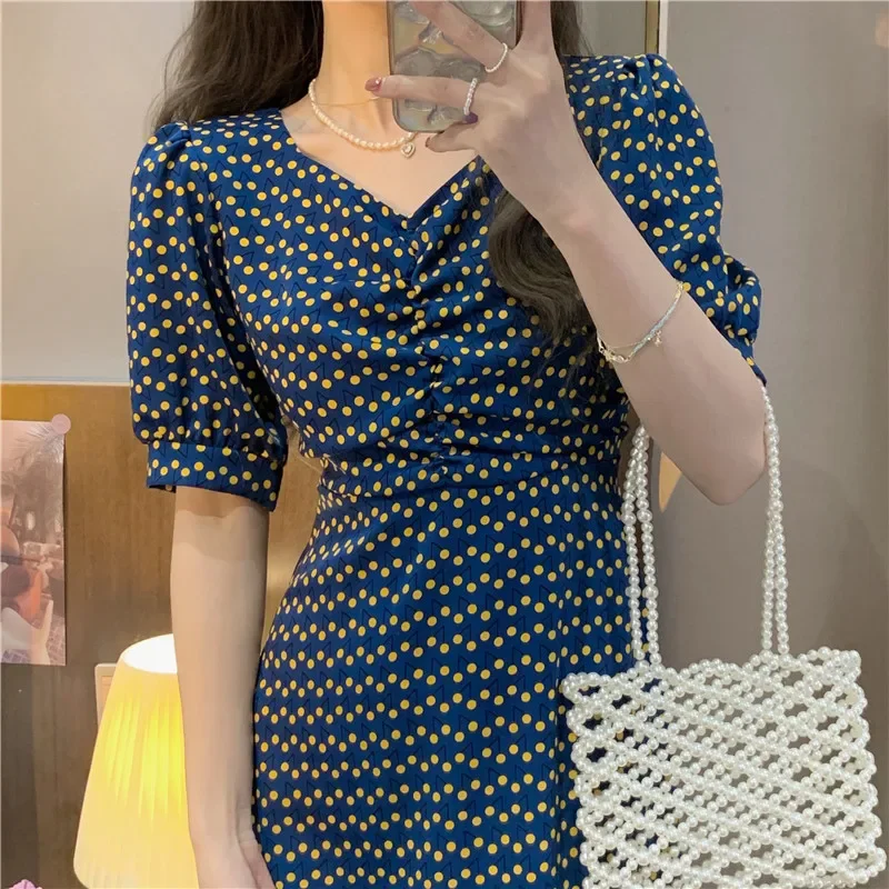 Vestidos De Verano Mujer 2022 New Summer One-piece Dress High Waist French Style Elegant Bubble Sleeve Floral Dress Short Sleeve