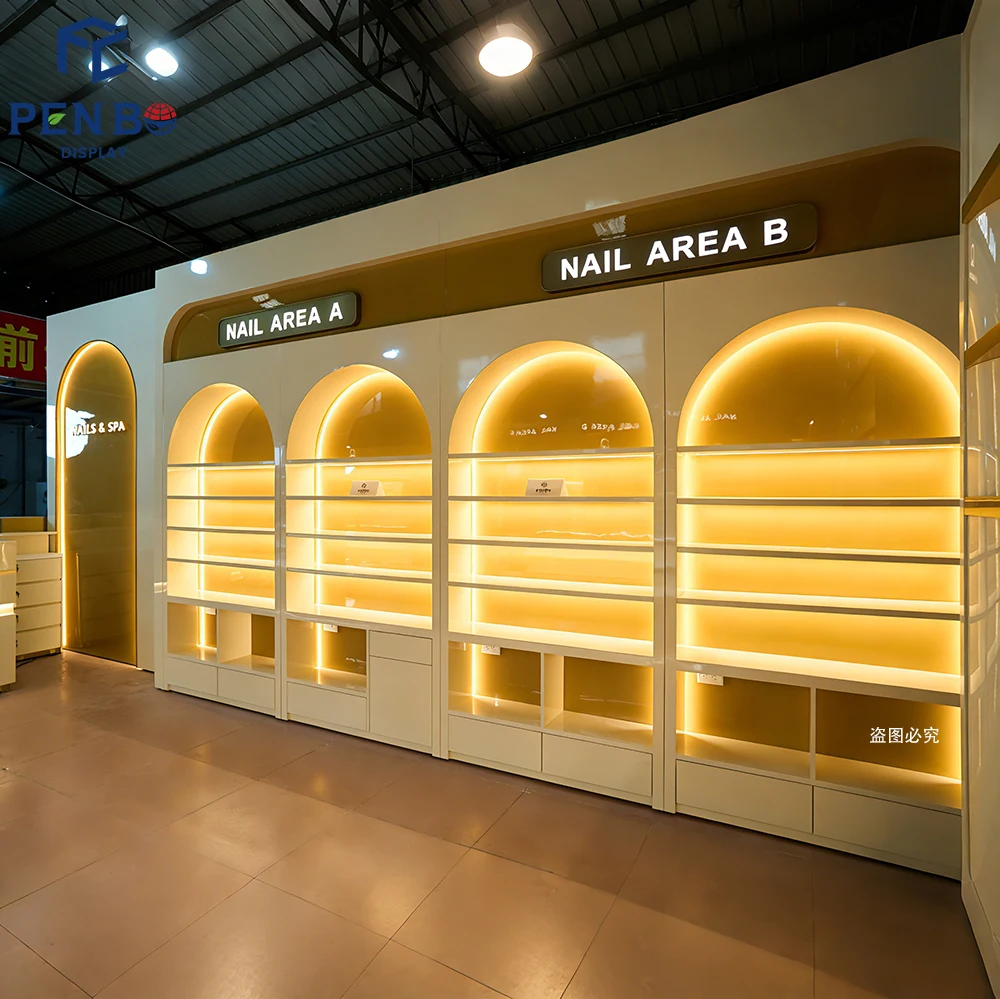 Customized Nail Display Cabinet High End Led Lighting Plywood Skincare Product Perfume Nail Polish Shelf Display Wall Showcase