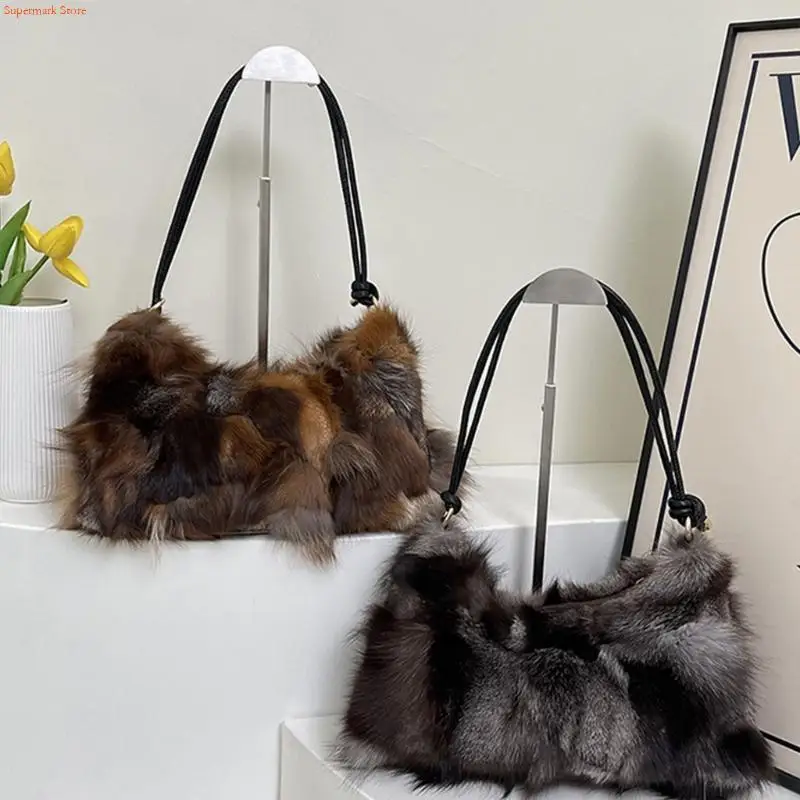 Q5WE luksusowa torba na ramię ze sztucznego futra dla kobiet stylowa, patchworkowa torebka pachami z wygodnym paskiem do