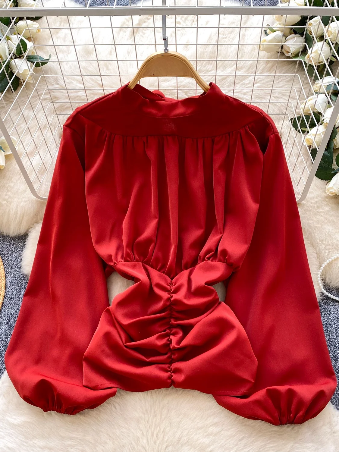 

Loose Satin irt Korean Sle Lantern Sve Belted Waist Slimming Commute Friendly Folded Hem Versatile Top for Spring 2026