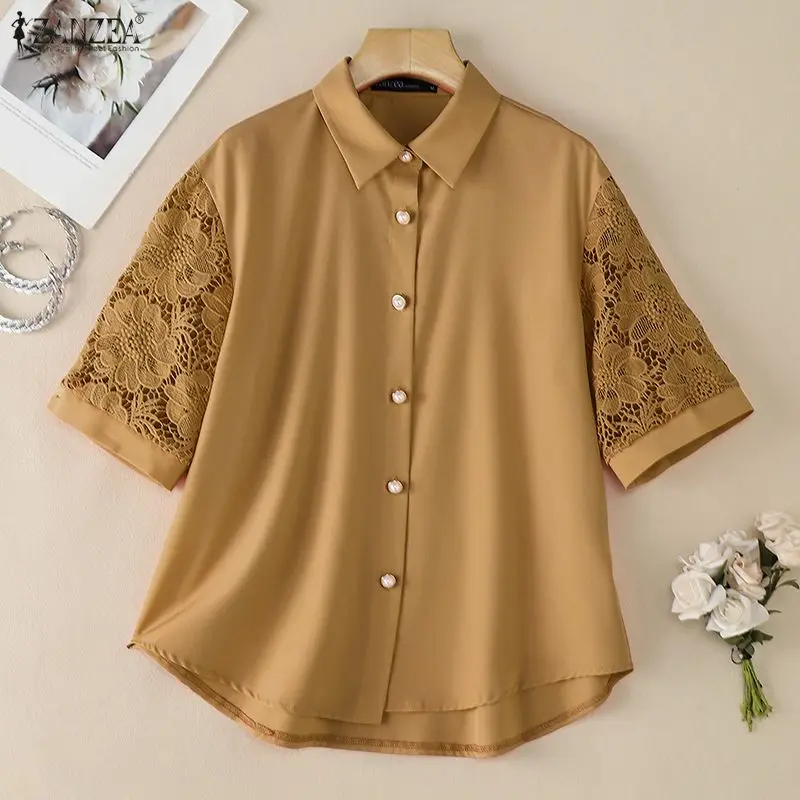 

Summer Elegant Shirts ZANZEA Women Lace Crochet Blouse Lapel Neck Half Sleeve Tops Embroidery Blusas Femme Causal Work Shirt