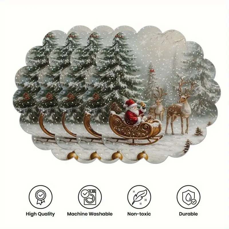 Retro Santa Claus Christmas Placemat, Holiday Round Insulated Table Mat, Wear-Resistant Plate Mat for Festive Home Table Decor