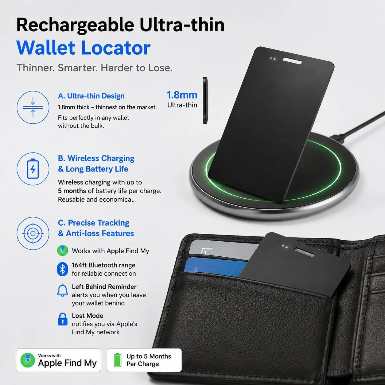 Rechargeable Ultra Thin Waterproof Pet GPS Tracker Bluetooth Tracker Device Anti Lost Alarm Key Finder Portable Smart Pet Wallet Tag for Dogs Cats Puppy Kitten Toddlers Kids Backpack and Personal Safety