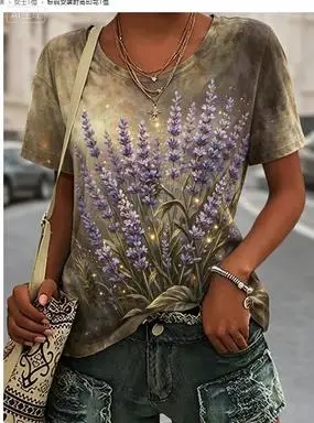 Women Crew Neck Short Sleeve T-shirt Vintage Tie Dye Lavender Floral Glitter Print Casual Summer Top