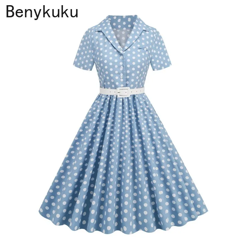 Polka Dot 50s 60s Pinup sukienka Vintage kobiet elegancka szata z paskiem zapinana plisowane odzież damska damskie długie sukienki Rockabilly