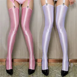 Cuban Heel Satin Stockings Women's High Elastic Smooth Knee Length Stockings Pole Dance Oil Shiny Cosplay Hosiery For Garters