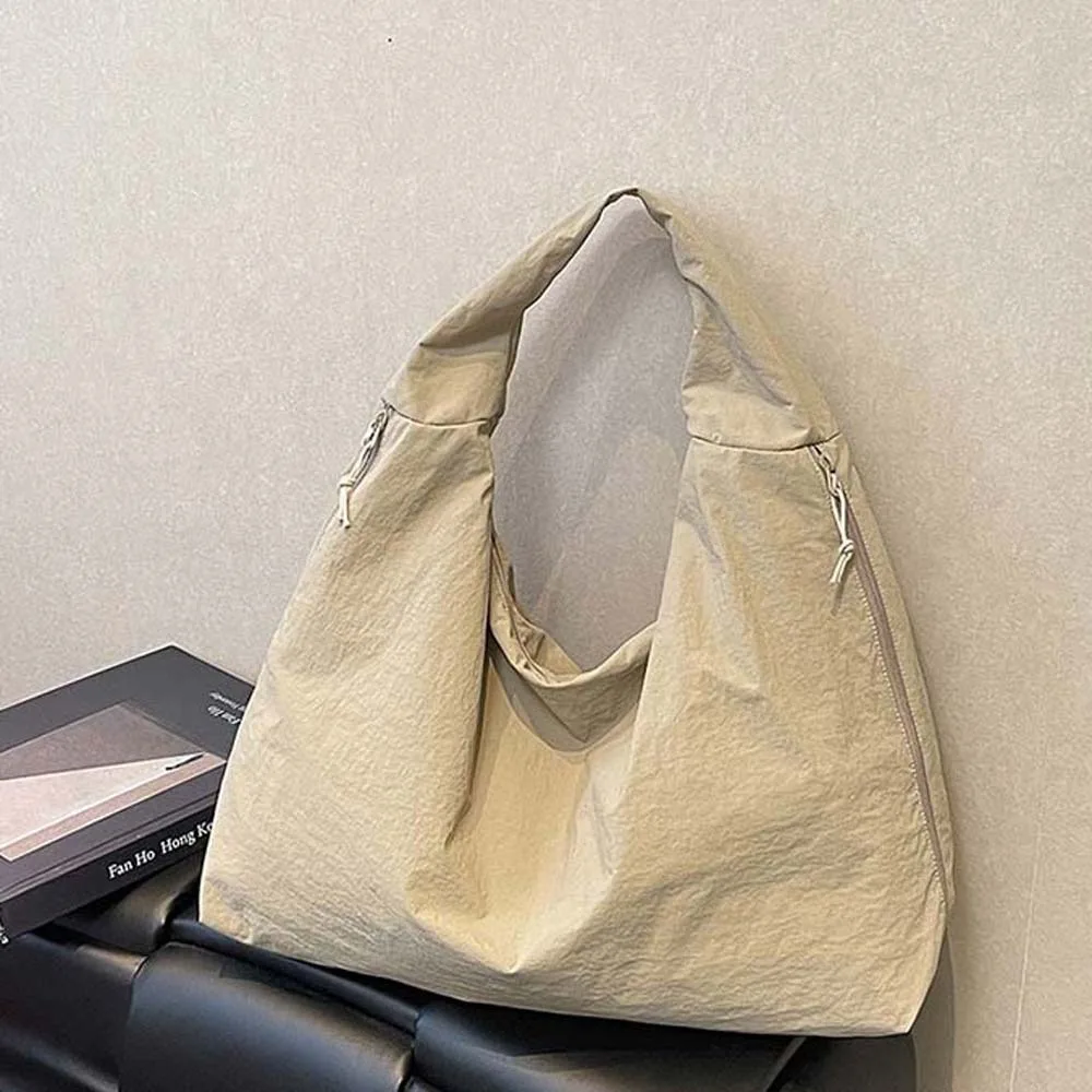 Casual Nylon Shoulder Bag Multi-Pocket Double Zipper Design Versatile Commuting Handbag Solid Color Japanese Style Storage Pouch