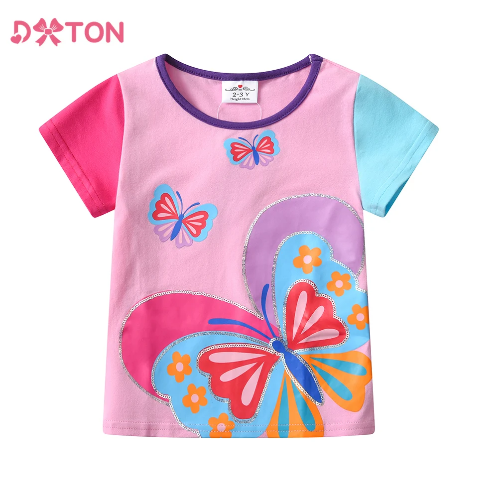 

Хлопковые детские топы DXTON, подходящие цвета, летние футболки с коротким рукавом для девочек, детская повседневная одежда с принтом бабочек