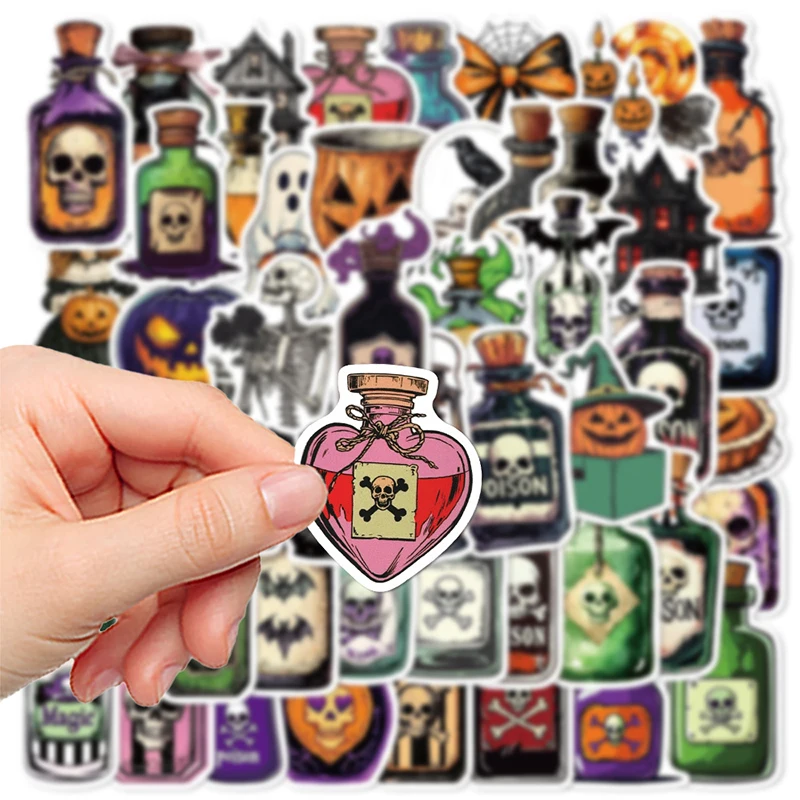 50PCS Halloween Skull Bottle Graffiti Stickers Magic Medicine Bottle Guitar Laptop Motorcycle Helmet Envelope Decoration Decals
