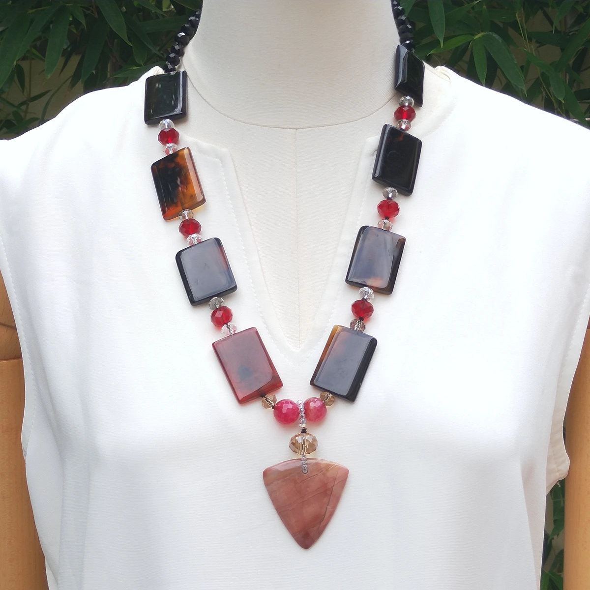 Lii Ji Real Stone Brown Color Agate Crystal Jasper Pendant Necklace 67cm Stock Sale Women Jewelry Gift