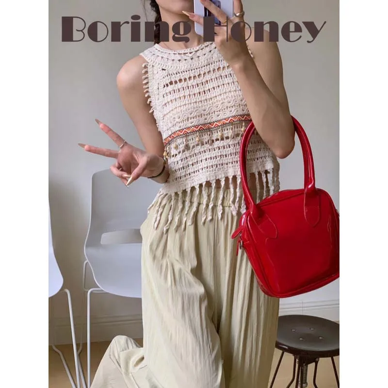 Boring Honey Unique Design Crochet Hollow Out Tassel Vest Women Fashion Woven Sleeveless Cover Up Tank Top Casual Going Out Tops