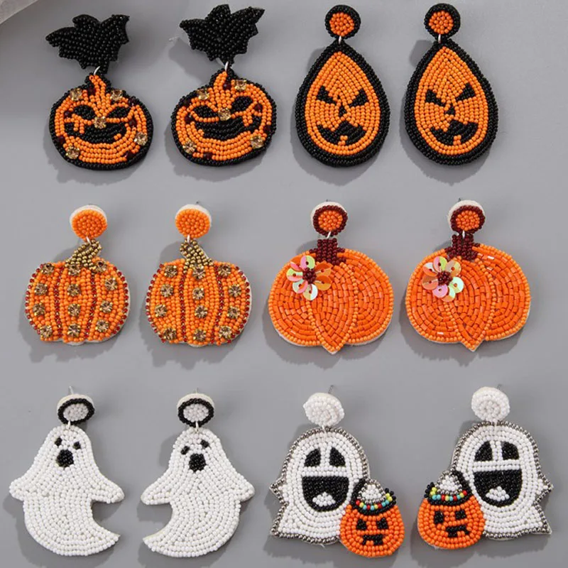 

European and American Handmade Bead Sweet Funny Cute Long Halloween Horror Pumpkin Lamp White Ghost Earrings and Pins