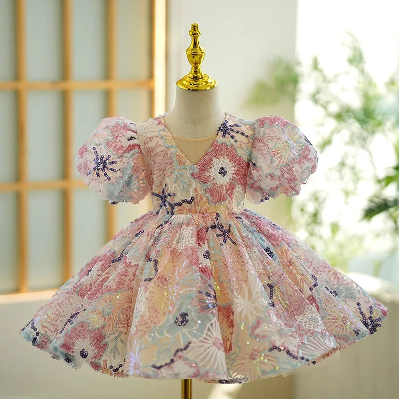 Luxury Birthday Party Dress for Girls with Bow Pink Embroidered Short Evening Gowns Kids Pageant Formal Occasion Dresses Wedding