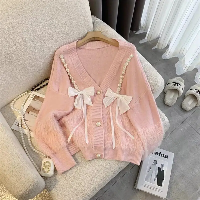 Sweet Bow Knitting Cardigan Coat Women Autumn Winter Fashion Office Lady Solid Color Coat Casual All-match Trend Knitwear Tops