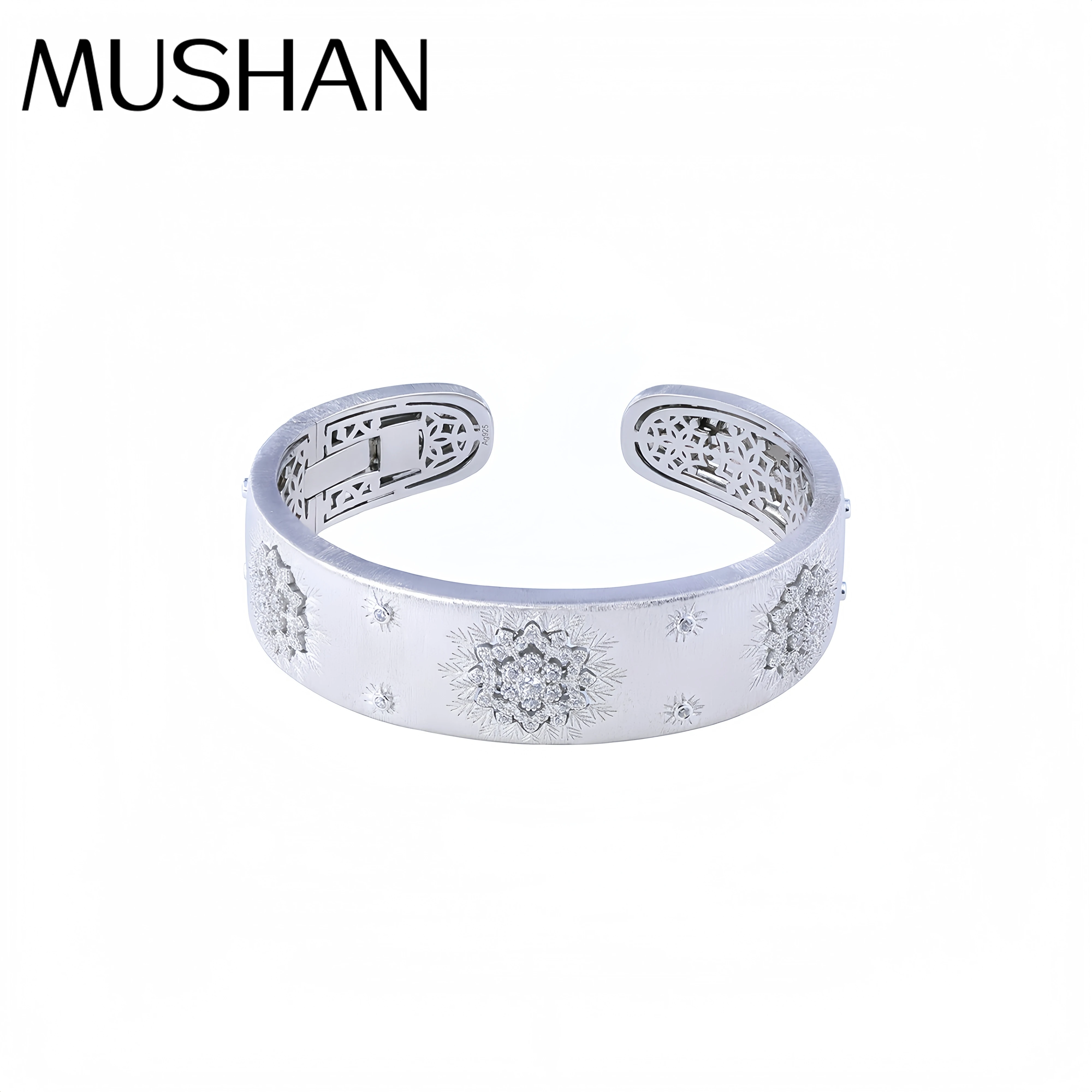 

MuShan Luxury Brand 18K Gold Plated Brushed Gold Zircon Bangle 925 Sterling Silver Opening Bracelets Party Jewelry
