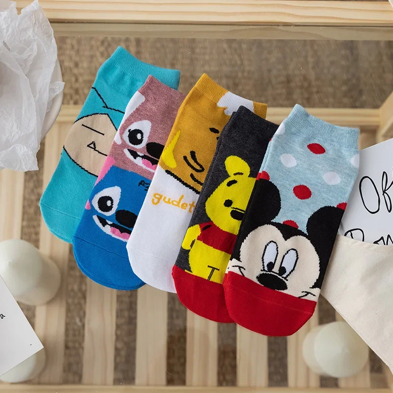 5 pairs of Disney socks Cartoon Mickey Mouse spring and summer thin socks 3D ears Women\'s socks Cotton women\'s boat socks