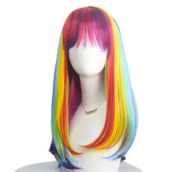 Anxin Fashionable Women's Long Straight Multi Color Rainbow Heat Resistant Wig With Bangs For Women Party Use