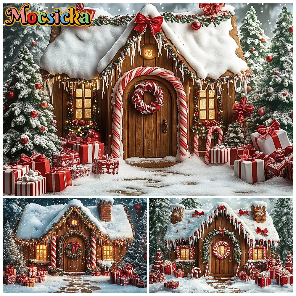 Mocsicka Christmas Gingerbread House Photography Backdrop Snowy Candy Cane Photo Background Festive Banner Tapestry Wall Hanging