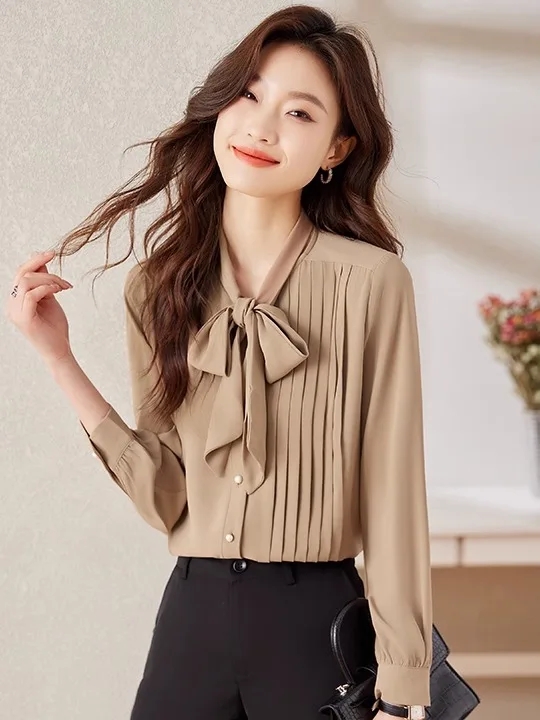 

Стильная удобная женская шифоновая блузка с длинным рукавом и бантом на горловине, модный свободный крой, кофейный цвет, универсальный дизайн