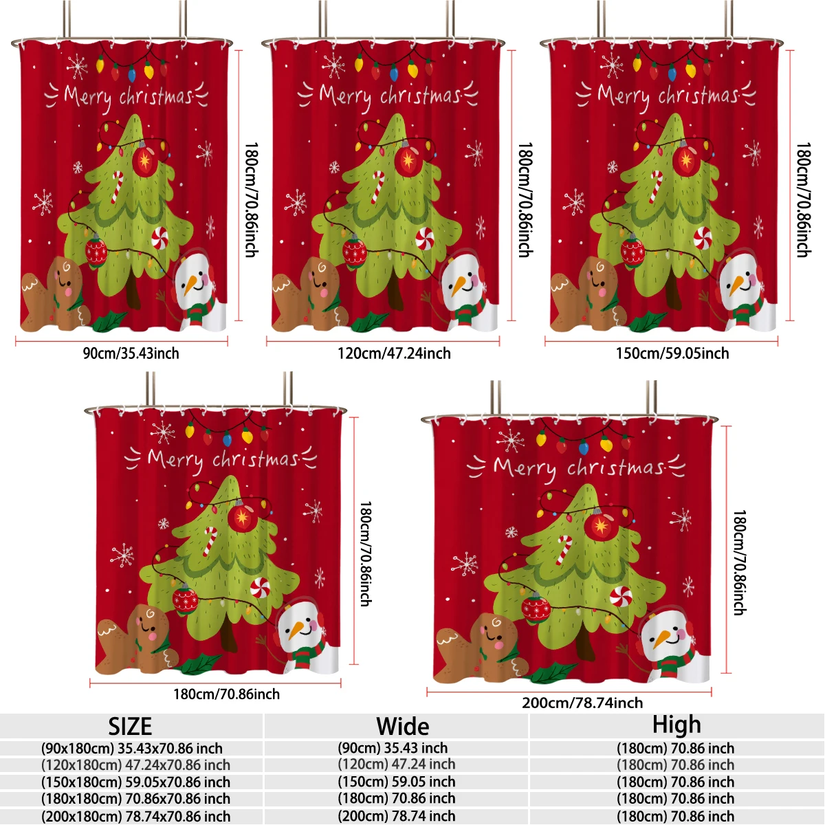 Waterproof shower curtain with Christmas gingerbread man, snowman, and tree .Includes a hook and can be machine-washed
