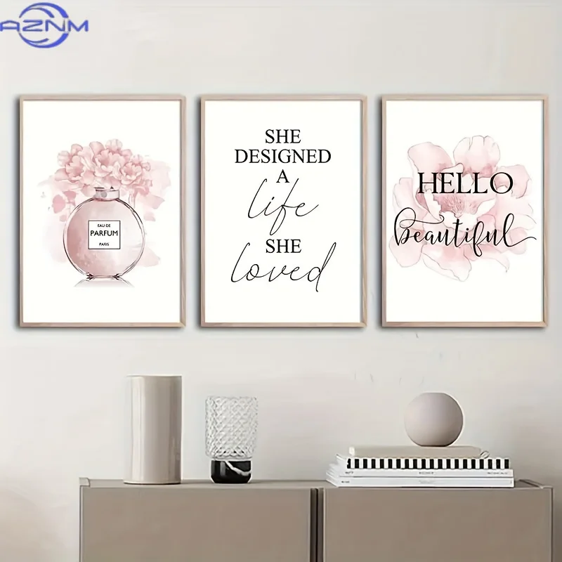 3pcs Art Deco Canvas Wall Art Set, Pink Floral & Perfume Prints with Inspirational Quotes, Frameless HD Canvas Prints for Beauty