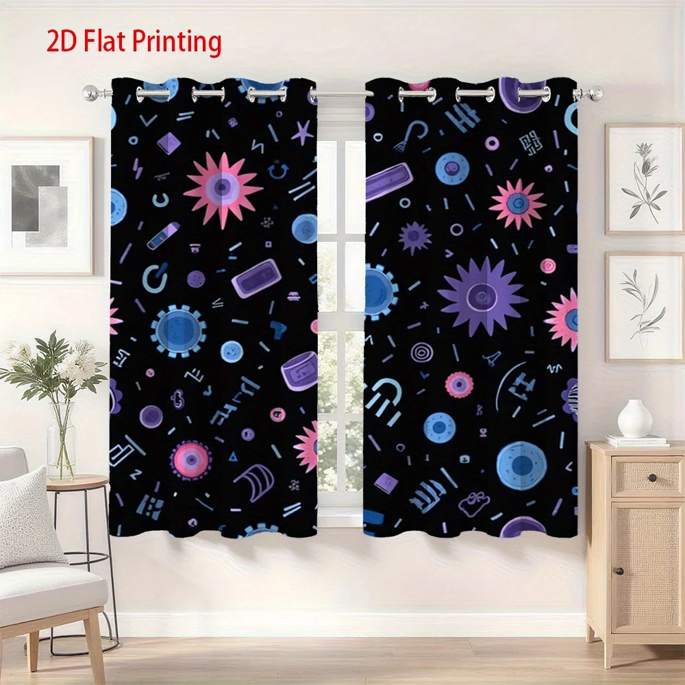 2pcs Modern Curtains - Black Background with Pink, Blue, Purple, Gears, Floral Patterns - Semi-Sheer Window Drapes for Living