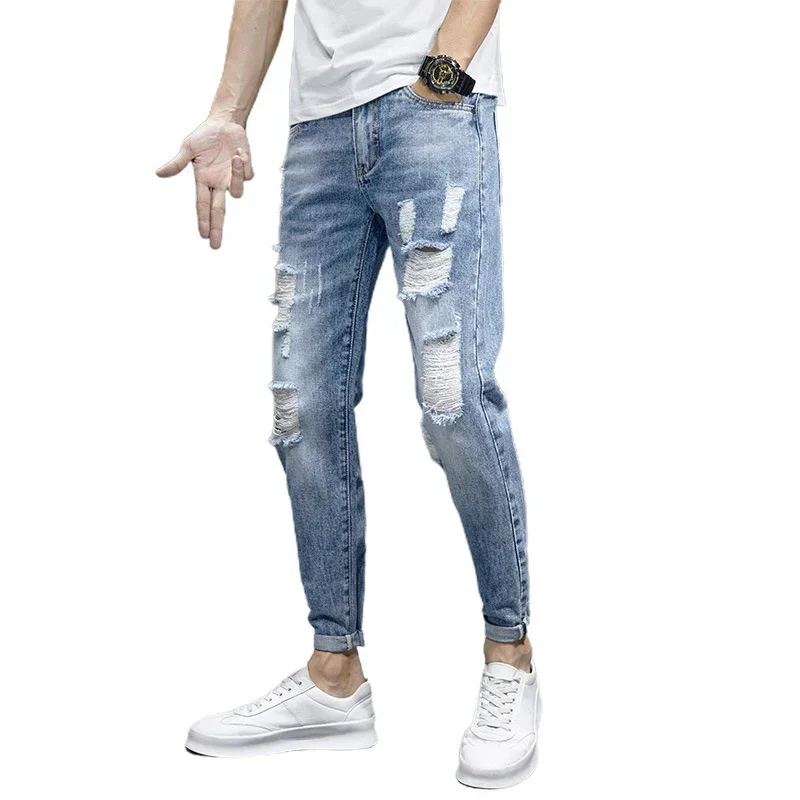 TFETTERS 2024 Spring Summer Men Ripped Jeans Cropped Mid Rise Stretch Hip Hop Punk Pencil Pants Streetwear Party Men Clothing