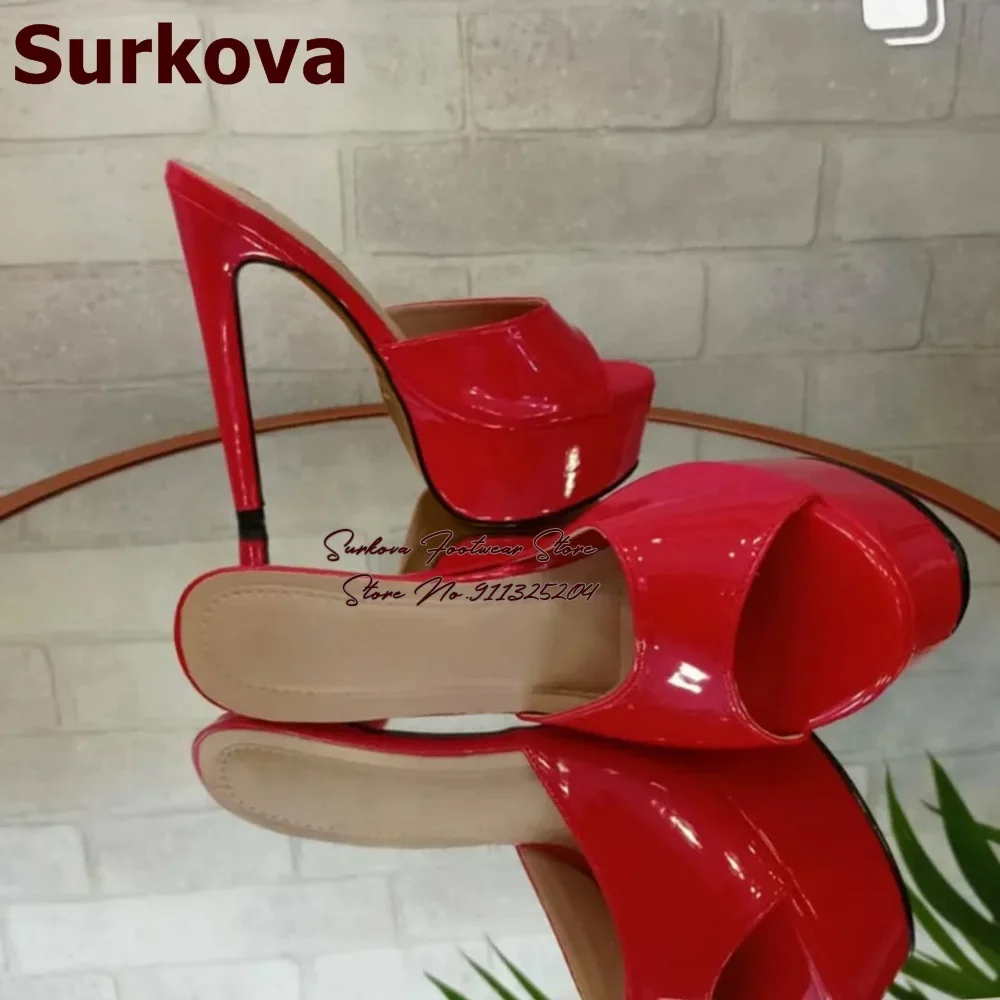 

Surkova Red Gold Shiny Patent Leather Platform Modern Slippers Thin High Heel Slip-On Sandals Clear PVC Mules Women Sandals