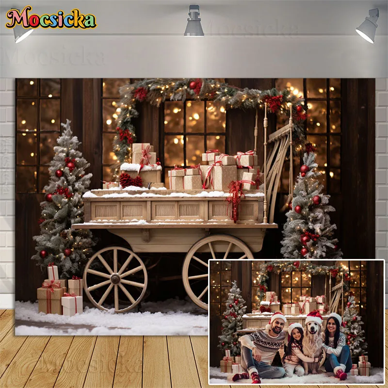 

Christmas Gift Cart Photography Backdrop Baby Kids Family Portrait Photocall Xmas Tree Snow Window Background Props Photo Studio