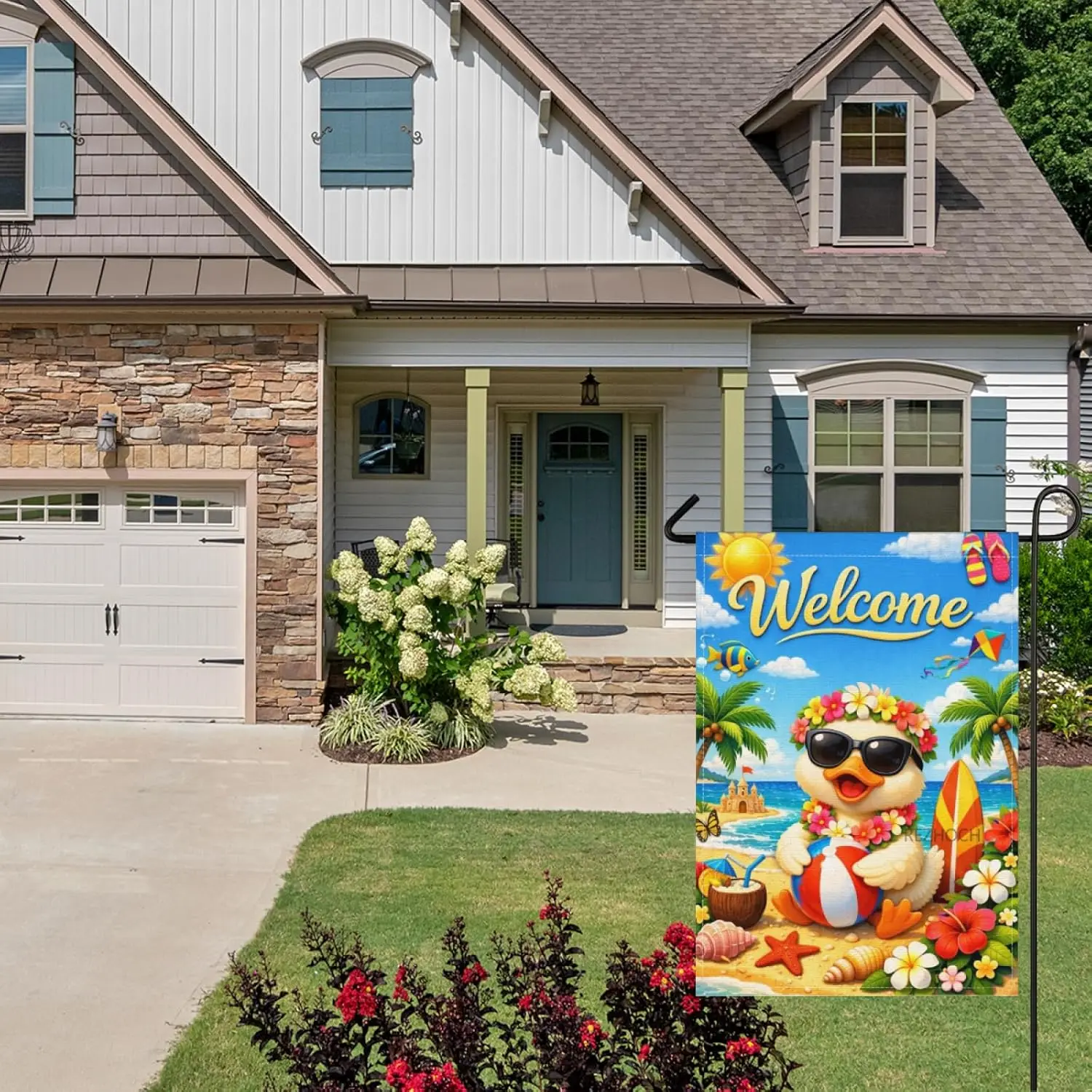 Welcome Funny Duck Summer Beach Garden Flag 28x40Inch,Cute Animal Sunglasses Beach Ball,Flowers Ocean Coastal Yard Party Dec AAS