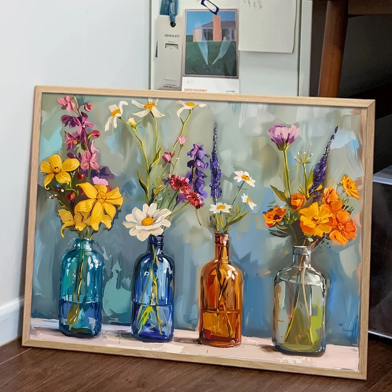 Vintage wild daisy and blue amber mixed flower transparent glass vase 5D diamond painting kit