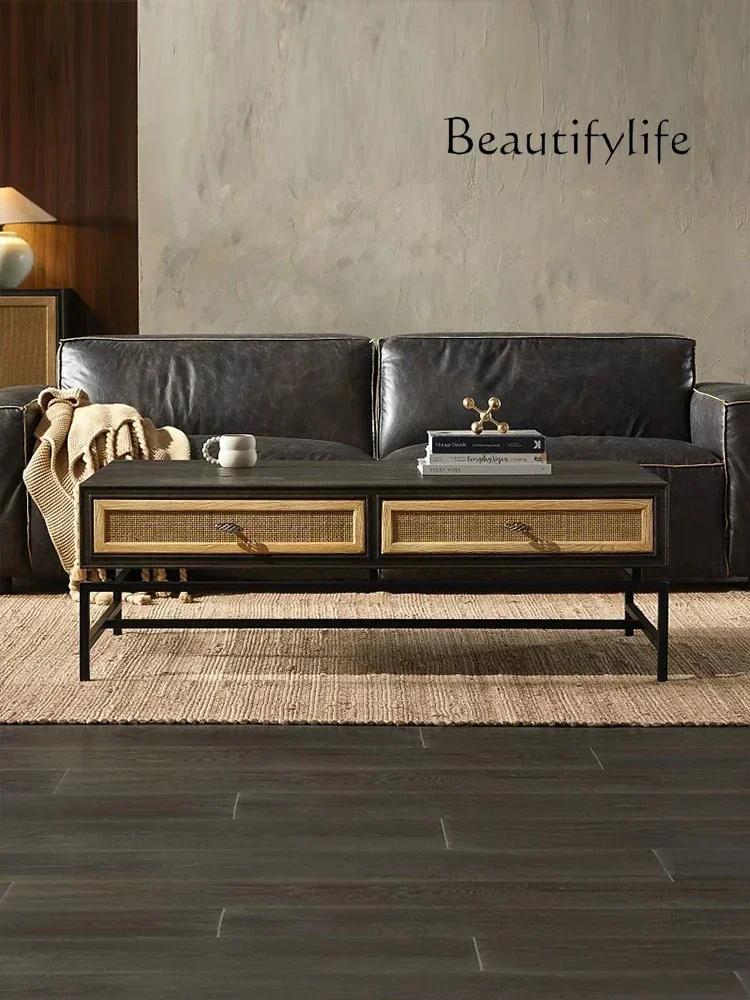 

Nordic modern simple retro medieval solid wood designer living room light luxury drawer rectangular rattan tea table