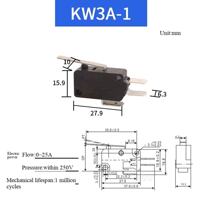 KW8-Serie Kupferkontakt Fußbreite 6,3 mm Großer Mikroschalter mit großer Schaltweglänge Mikro-Tastendruckschalter – Detail 5
