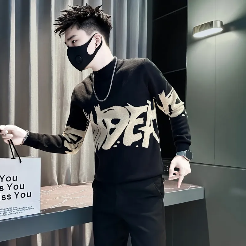 

Теплый вязаный свитер мужской приталенный с высоким воротником, с вышивкой букв, маленький размер XS, молодежный повседневный лонгслив