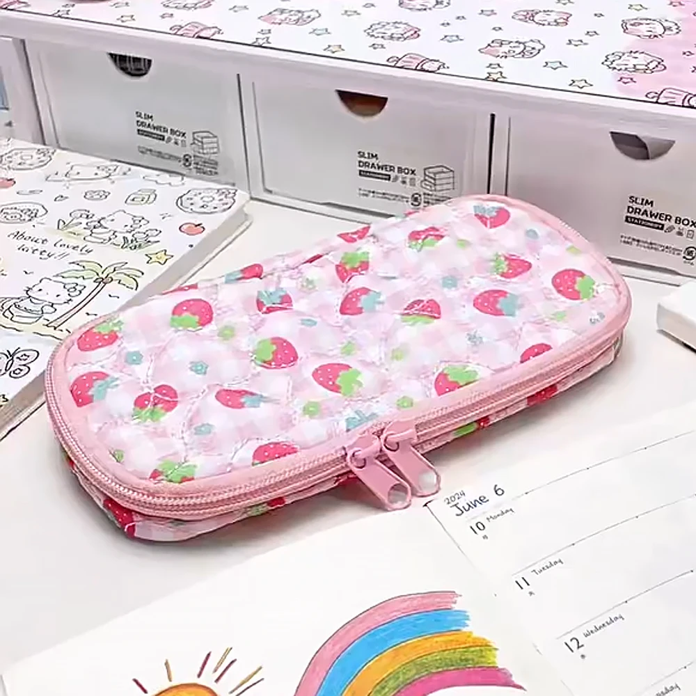 

﻿Cute Strawberry Pencil Case Large Capacity Zipper Plaid Quilted Cotton Makeup Pouch Student School Stationery Storage Bag Gifts