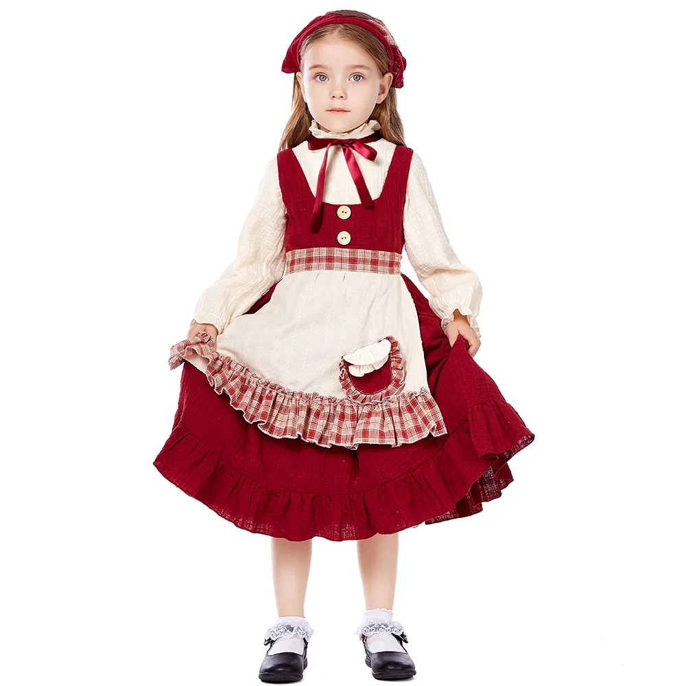 Girls Party Dresses Kids Pastoral Style Red Princess Dress Girl Birthday Party Stage Performance Prom Gown Girls Elegant Dresses