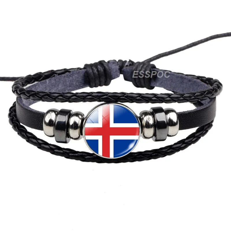 Northern Europe: Denmark Sweden Finland Norway Iceland Flag Black Bracelet Glass Dome Jewelry Leather Button Men Bangle Gifts