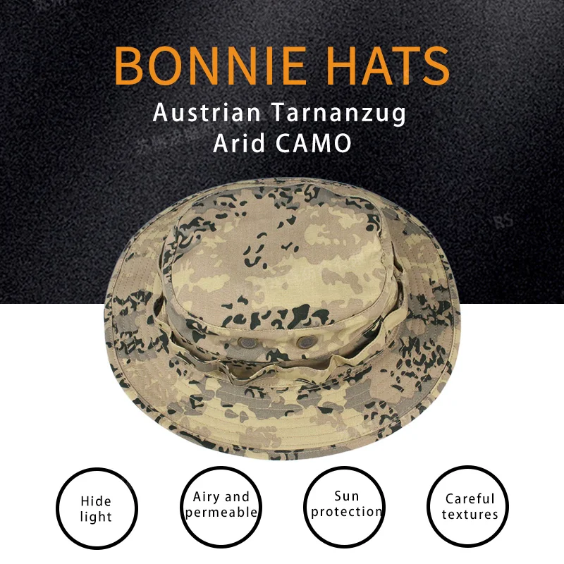 

Austrian Tarnanzug Arid Camouflage Bonnie Hat NYCO 50/50 Rip-stop Nylon Cotton Mil-spec Tactical Fabric WR NIR Fishermen Hats