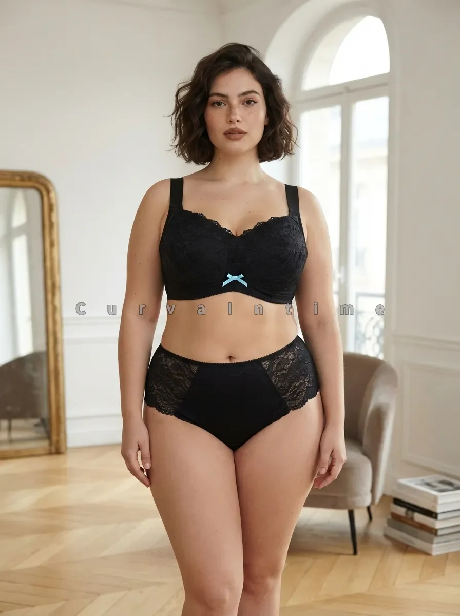 Elegant Floral Lace Plus Size Lingerie Set Women Full Figure Wireless Minimizer Bra Briefs Suit 34 36 38 40 42 44 46 E F G H I J
