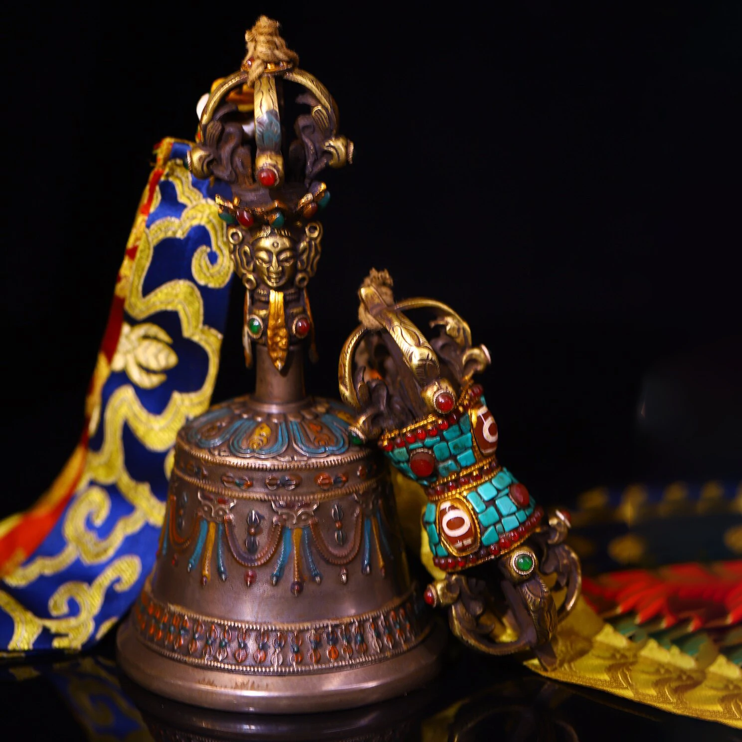 Nepal Handmade Five Prong Vajra and Ghanta Bell Set Bodhi Base Dzi Bead Tibetan Ritual Tool