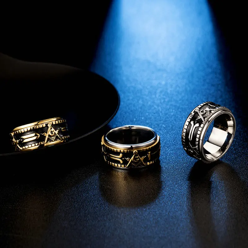 Men's Stainless Steel Polished Freemason Ring Retro Style Band for Groomsmen Jewelry